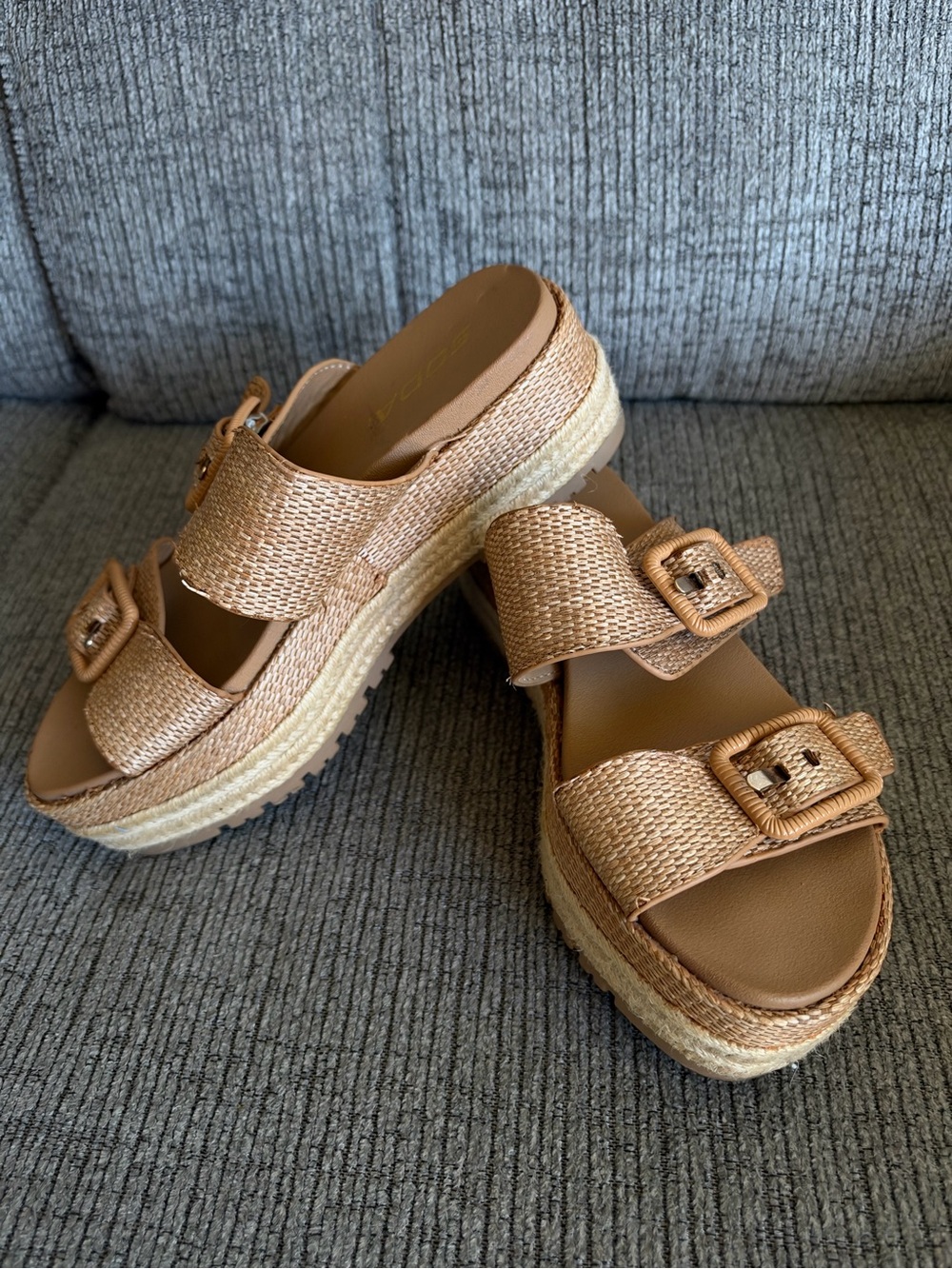 Woven Platform Slide Sandals in Light Brown
